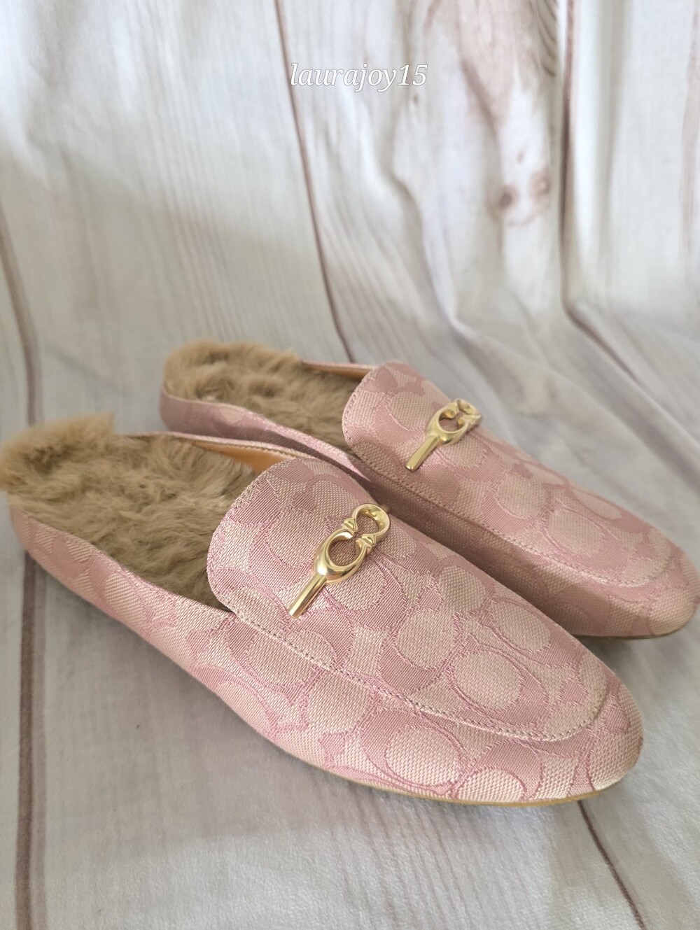 Coach Sienna Sherpa Slides Shoes Pink Signature Jacquard Gold Horsebit Womens 6